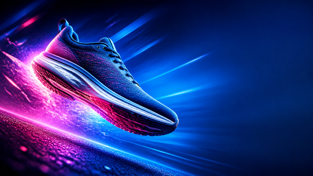 social media ad image prompt — Bold unbranded running shoe campaign, diagonal motion, electric blue and magenta, empty text zone