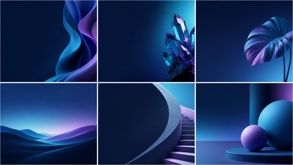 AI social media images brand consistency — Coordinated grid of six brand-safe social visuals sharing palette and composition rules, no text