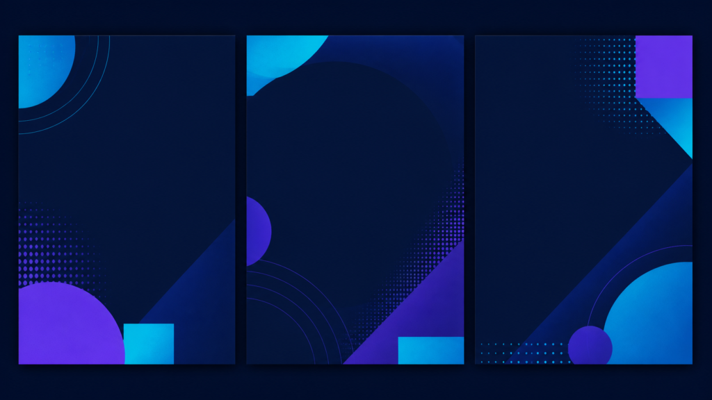 social carousel design prompt — Three coordinated abstract editorial covers, cyan-purple geometry, generous text zones, no words