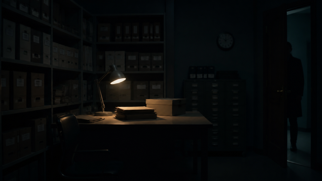 suspense cinematic image prompt — Dim archive room, desk lamp, half-open door, human silhouette outside frame edge, realistic cinema still