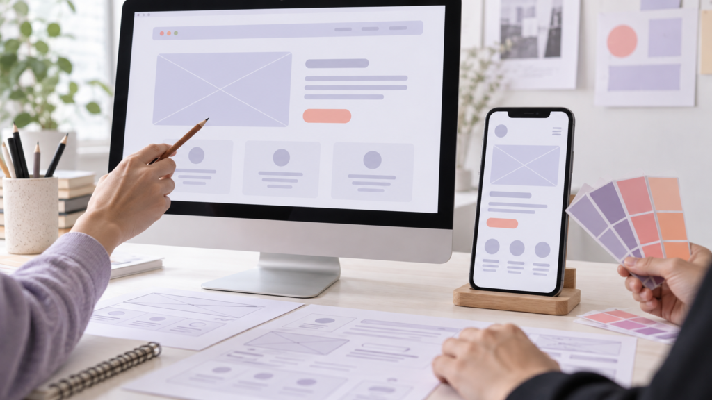 Desktop and mobile interface wireframes reviewed on a design desk