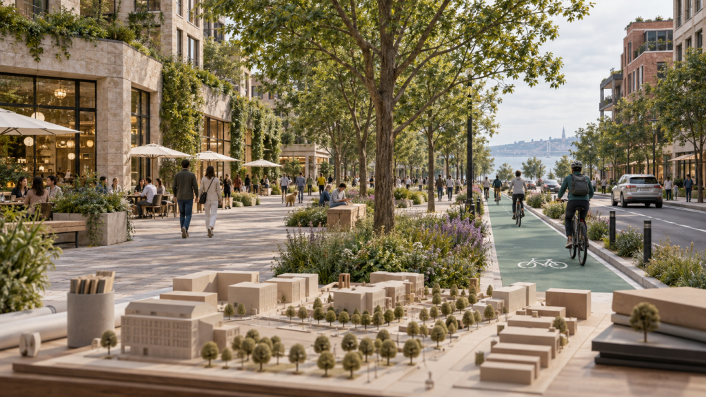 Pedestrian plaza and protected cycling route in an urban design concept