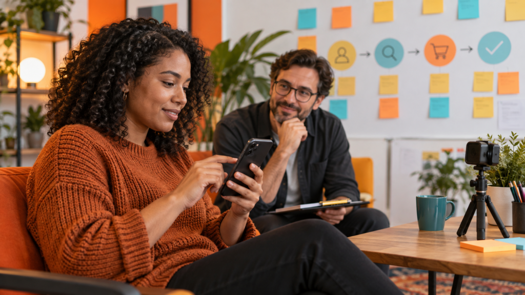 Participant testing a mobile prototype while a researcher observes