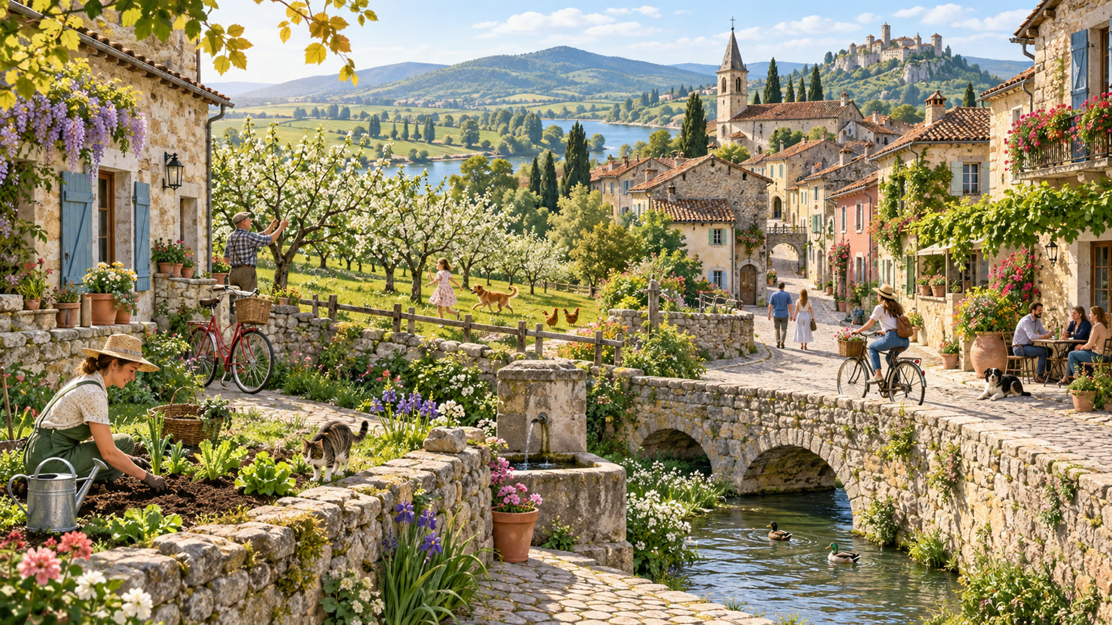 Village illustration prompts: lively spring village with gardens and orchard
