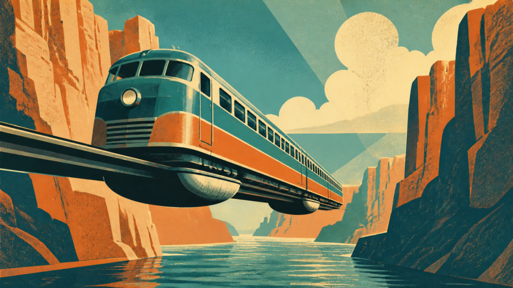 vintage travel poster prompt — Fictional floating canyon railway, 1930s-inspired screen-print illustration, no text
