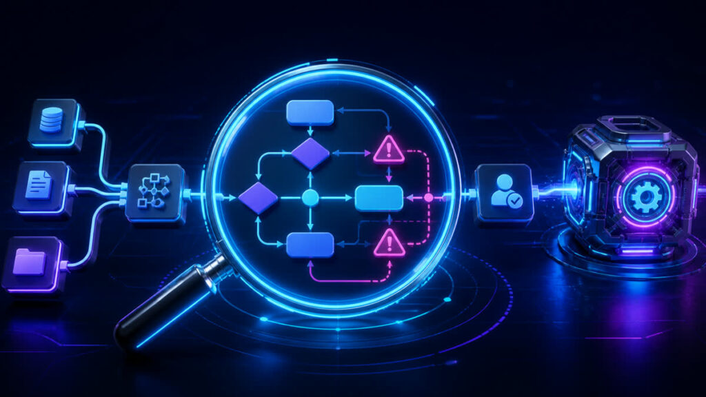 A neon workflow map being audited before AI automation