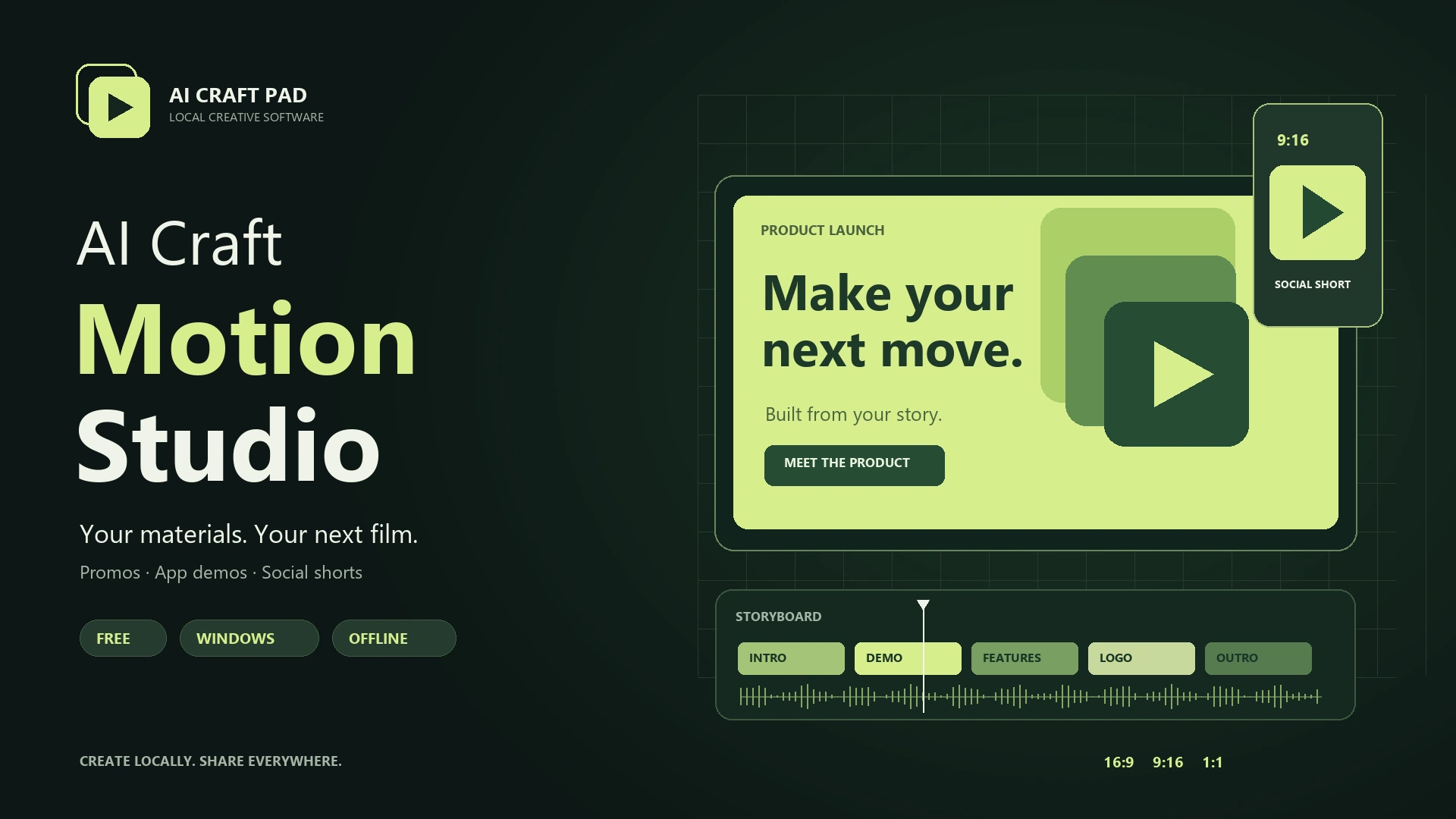 AI Craft Motion Studio — promotional film canvas, storyboard and social video formats
