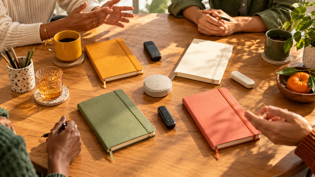 Warm meeting table with notebooks and recording devices for comparing AI note takers