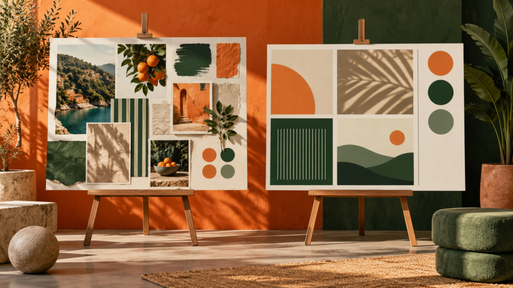 Two contrasting presentation easels in warm orange and green