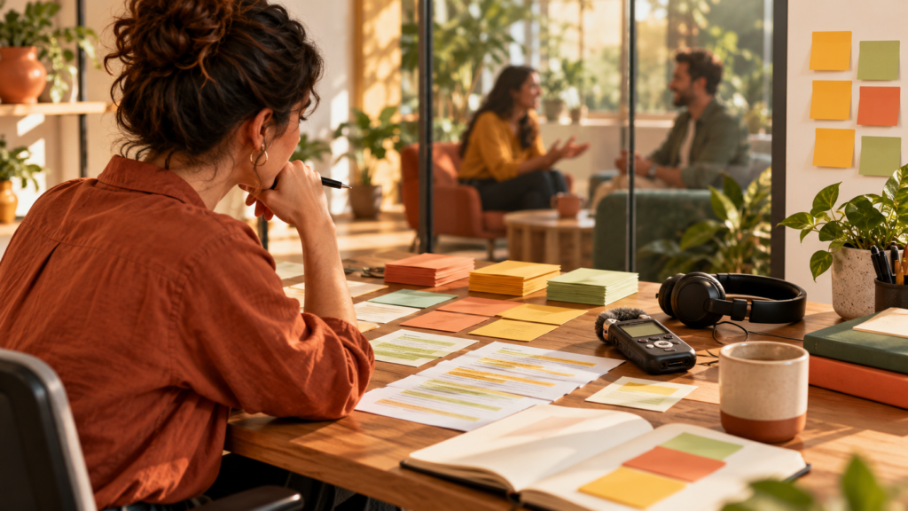 Customer interview with researcher, participant and organized research notes