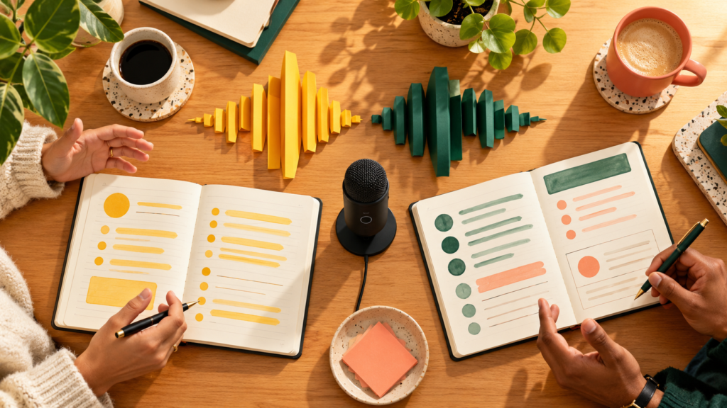 Meeting recording and AI note comparison workspace with microphone and transcripts
