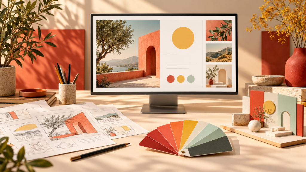 Presentation planning desk with colorful slide layouts and design swatches