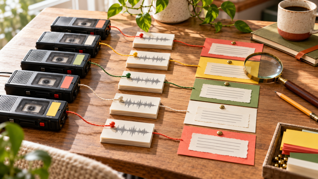 Customer interview recordings organized into themes, quotes and an evidence ledger