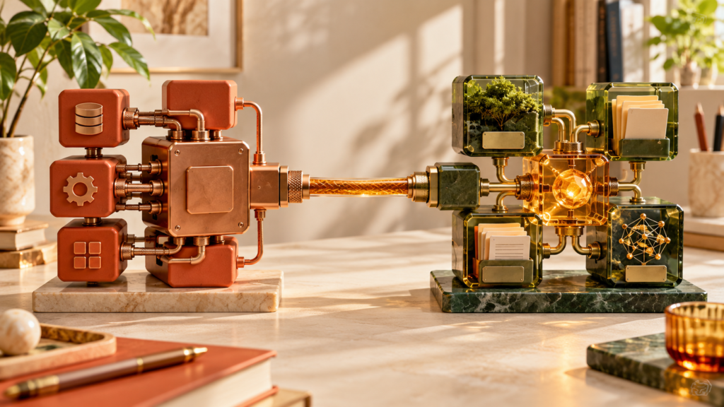 Copper API modules connected to green MCP tools and resources on a warm desk
