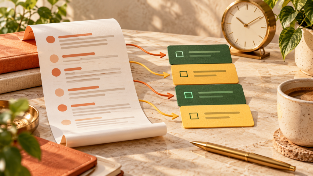 Meeting transcript converted into reviewed task cards with checkboxes and a clock