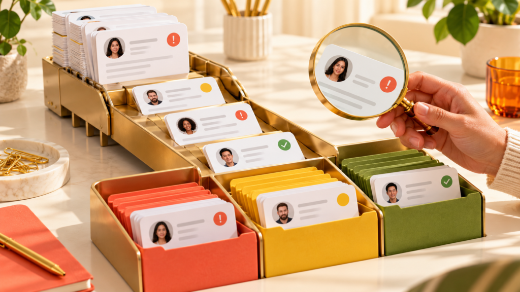Customer support request cards sorted into colorful priority folders under human review