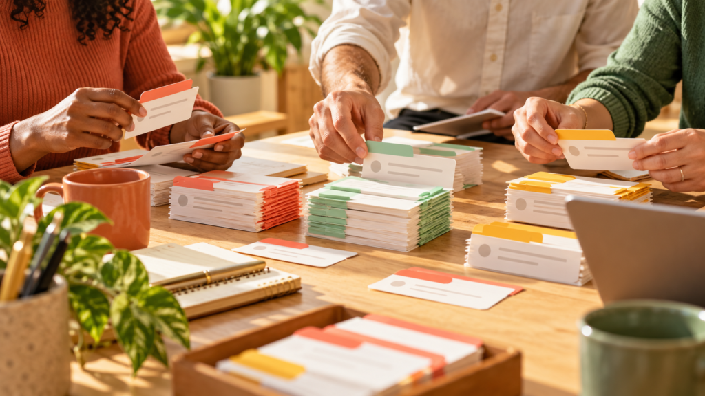 Warm customer support triage desk with colorful service ticket tags