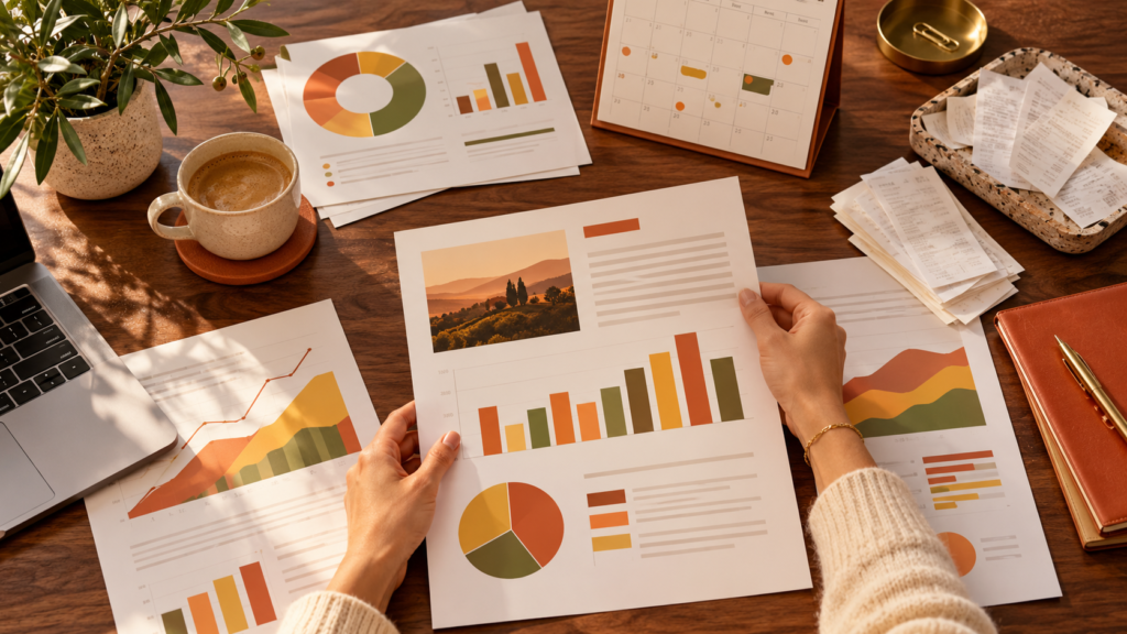 Weekly business report assembled from colorful charts on a warm desk