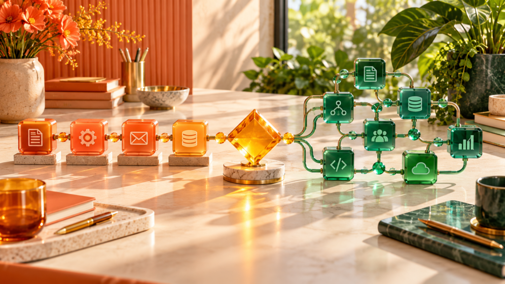 Orange and green automation modules comparing linear and branching workflows